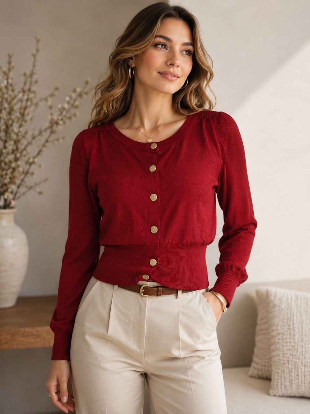 Worthington Women's Red Button-Front Long Sleeve Top Sz L
